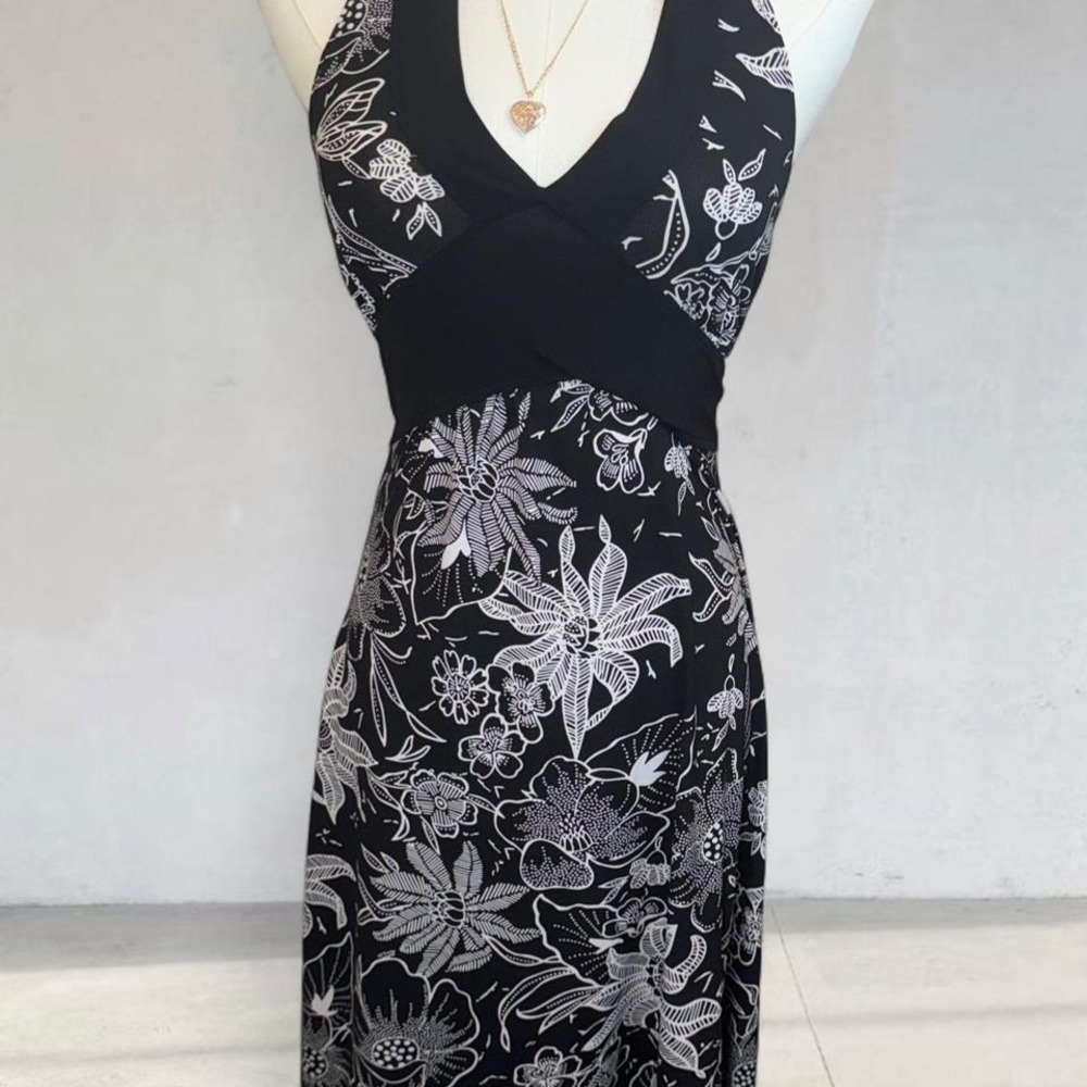 Vintage Y2K Black White Floral Halter Backless Dress 2000s Capriccio Vintage.
